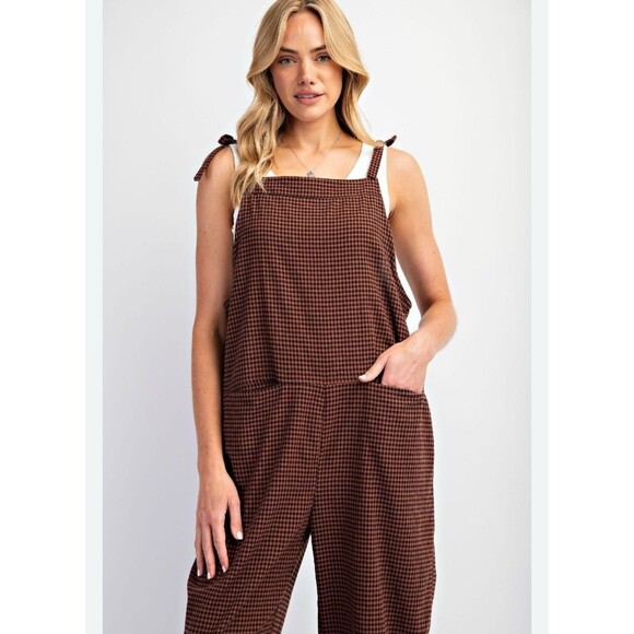 Easel Over Alls Red Bean Size M Womens Tie Straps Casual Relaxed Plaid - Picture 1 of 8